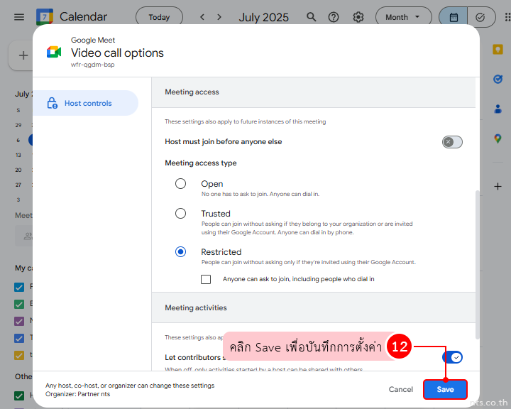 Managing Google Meet participant controls via Calendar settings