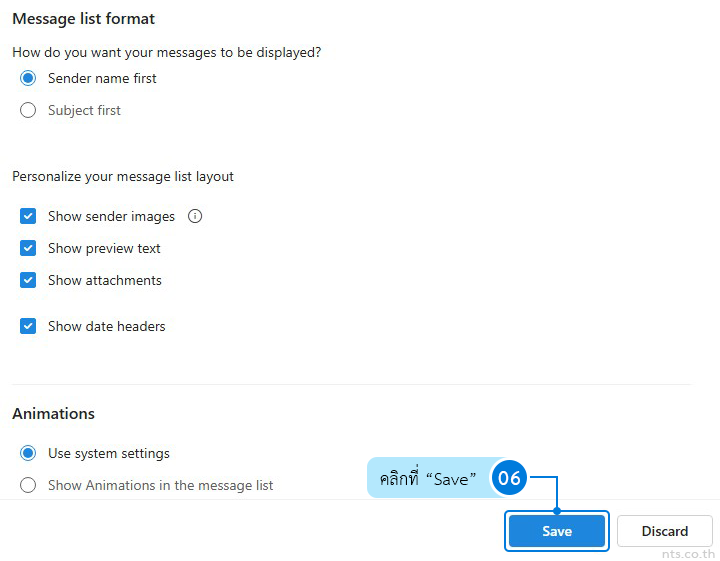 Settings panel for Message list format with radio options (Sender name first), checkboxes for sender images, preview text, attachments, and date headers, and a highlighted Save button.