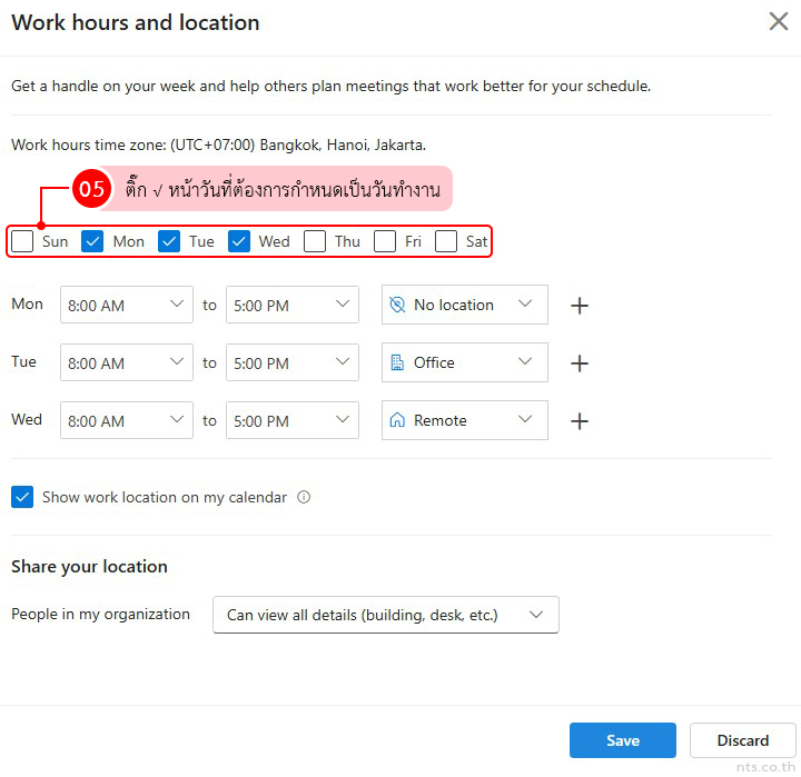 how to set work hours and location in outlook on the web