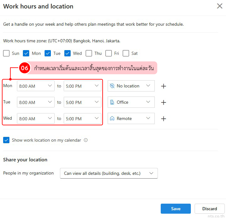 how to set work hours and location in outlook on the web