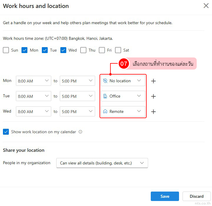 how to set work hours and location in outlook on the web