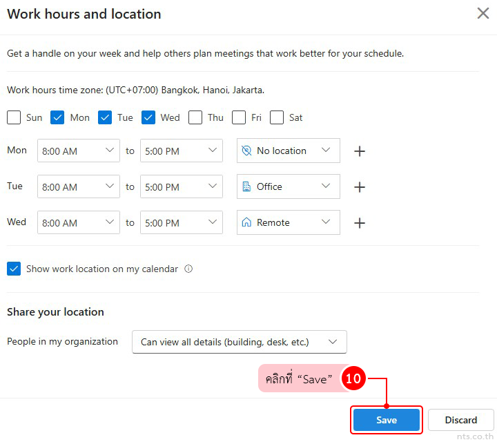 how to set work hours and location in outlook on the web