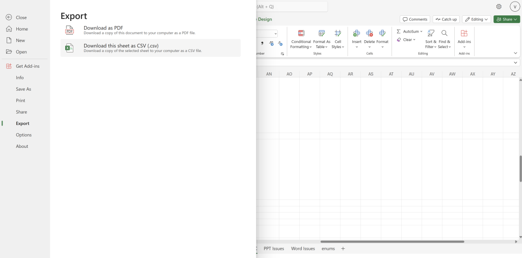 Export to CSV in Excel for the web