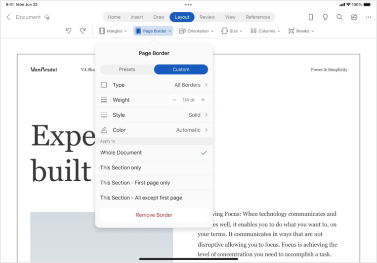 Borders in Word on iPad