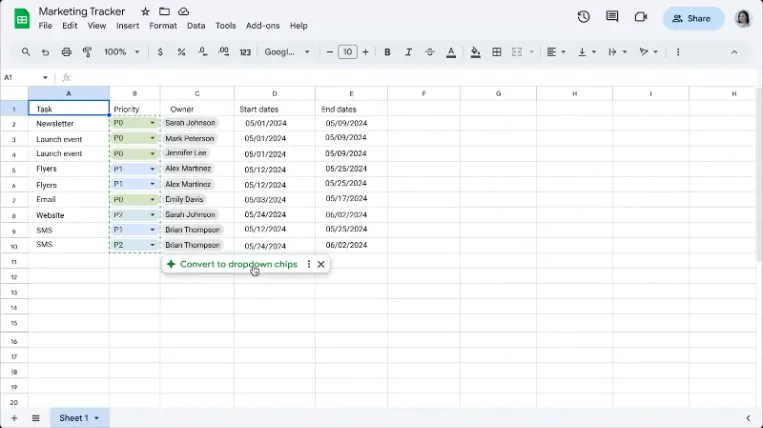 Easily convert data to dropdown chips in Google Sheets