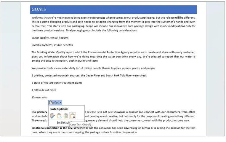 Keep Text Only – วางเนื้อหาเฉพาะข้อความเพียงอย่างเดียว (สัญลักษณ์แสดงหัวข้อย่อย โครงสร้างตาราง และรูปภาพ)