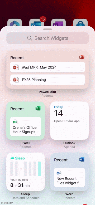 New Recent Files widgets for Word, Excel, and PowerPoint for iOS