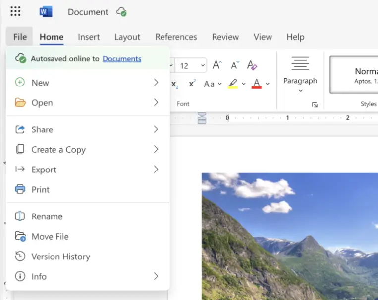 New and improved File menu in Word for the web