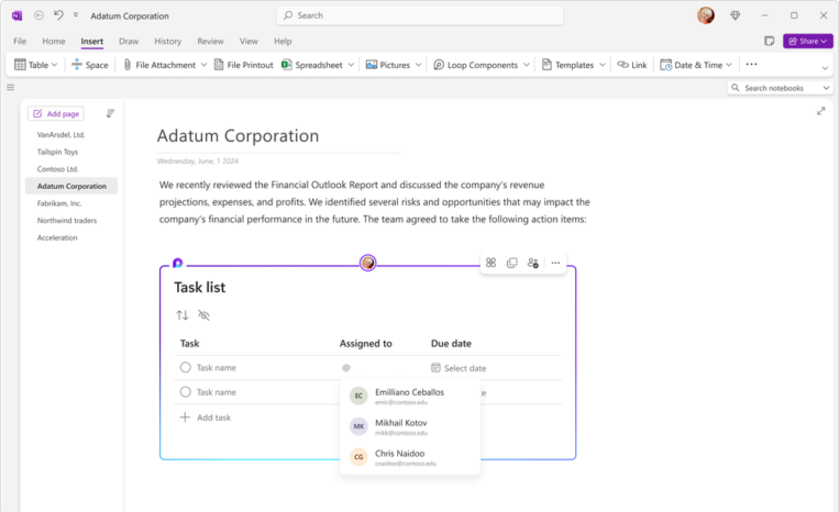 Loop components in OneNote