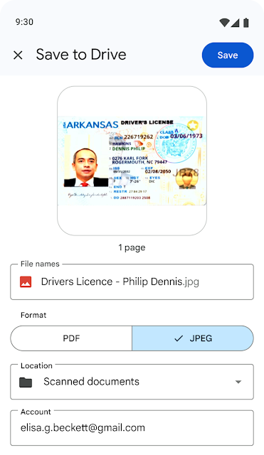 Save files scanned in the Google Drive Android app as a .JPEG
