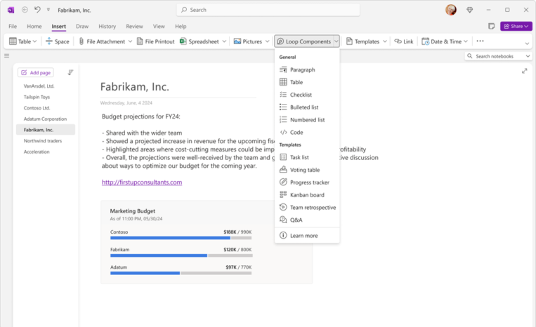 Loop components in OneNote