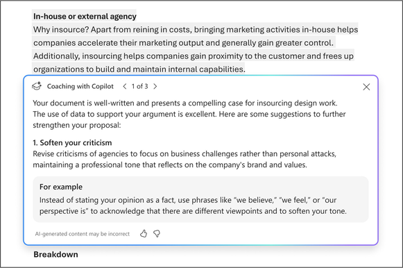 Improve your content using Coaching with Copilot in Word for the web