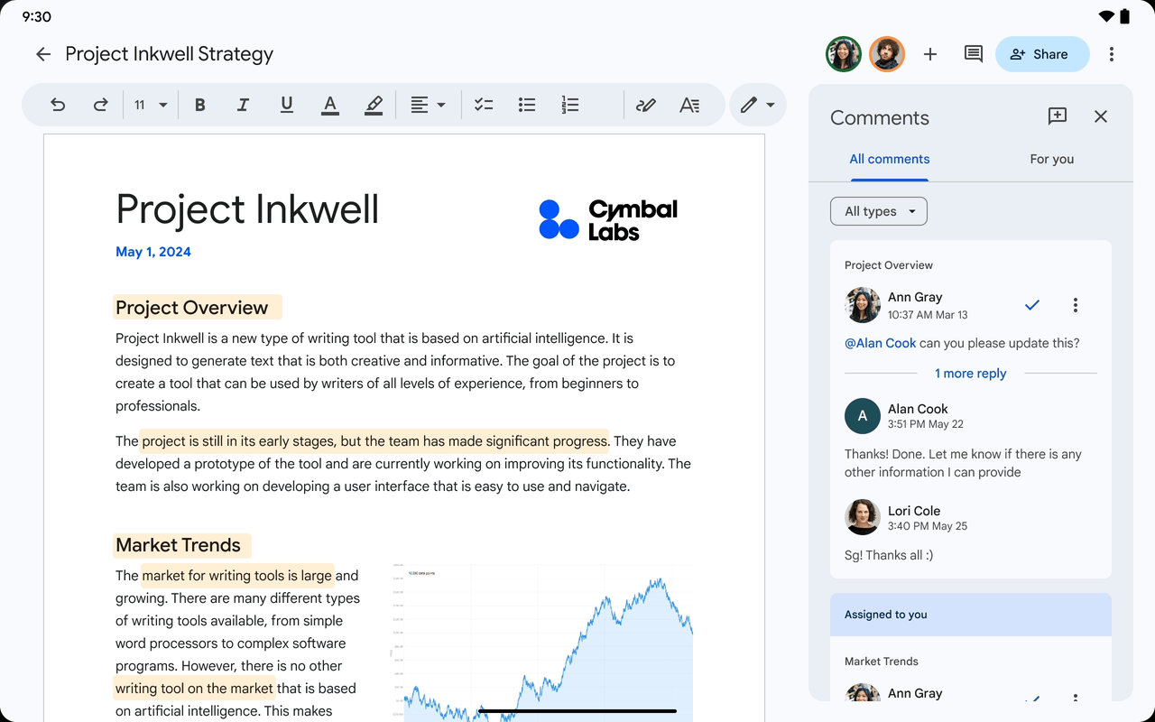 Improved comments experience in Google Docs, Sheets, and Slides on Android tablets