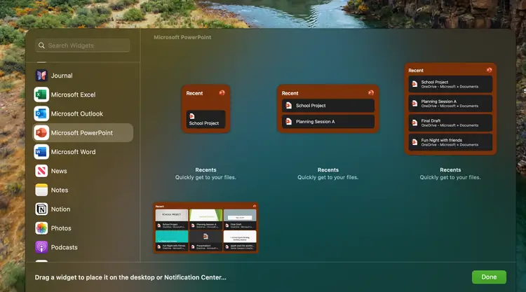 Recent widgets for Word, Excel, and PowerPoint for Mac