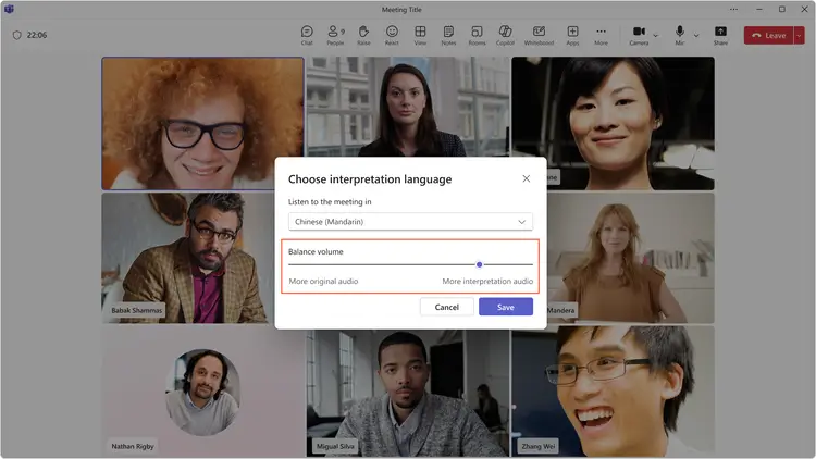Control volume ratio setting when using language interpretation in Teams meetings