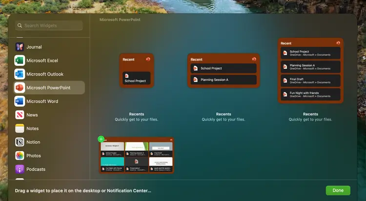 Recent widgets for Word, Excel, and PowerPoint for Mac