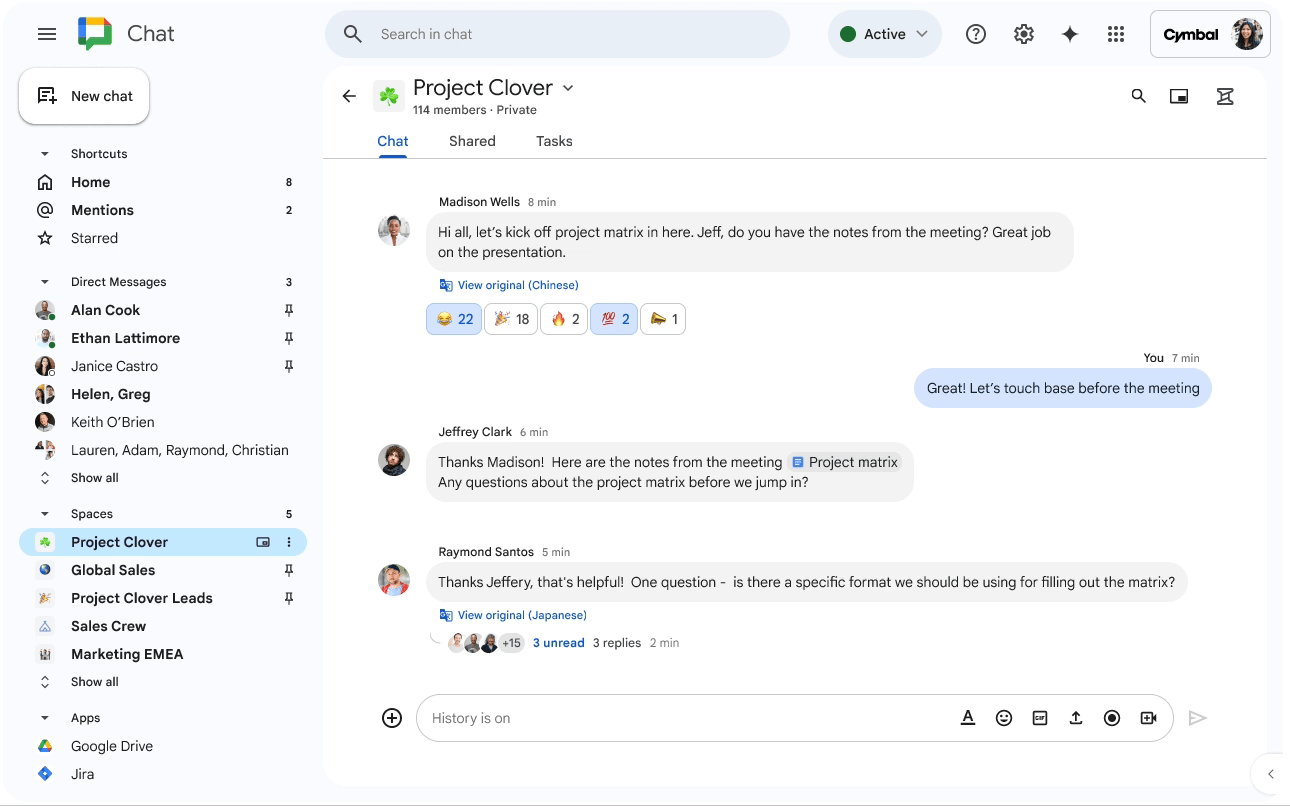 Translate messages in-line from one language to another in Google Chat