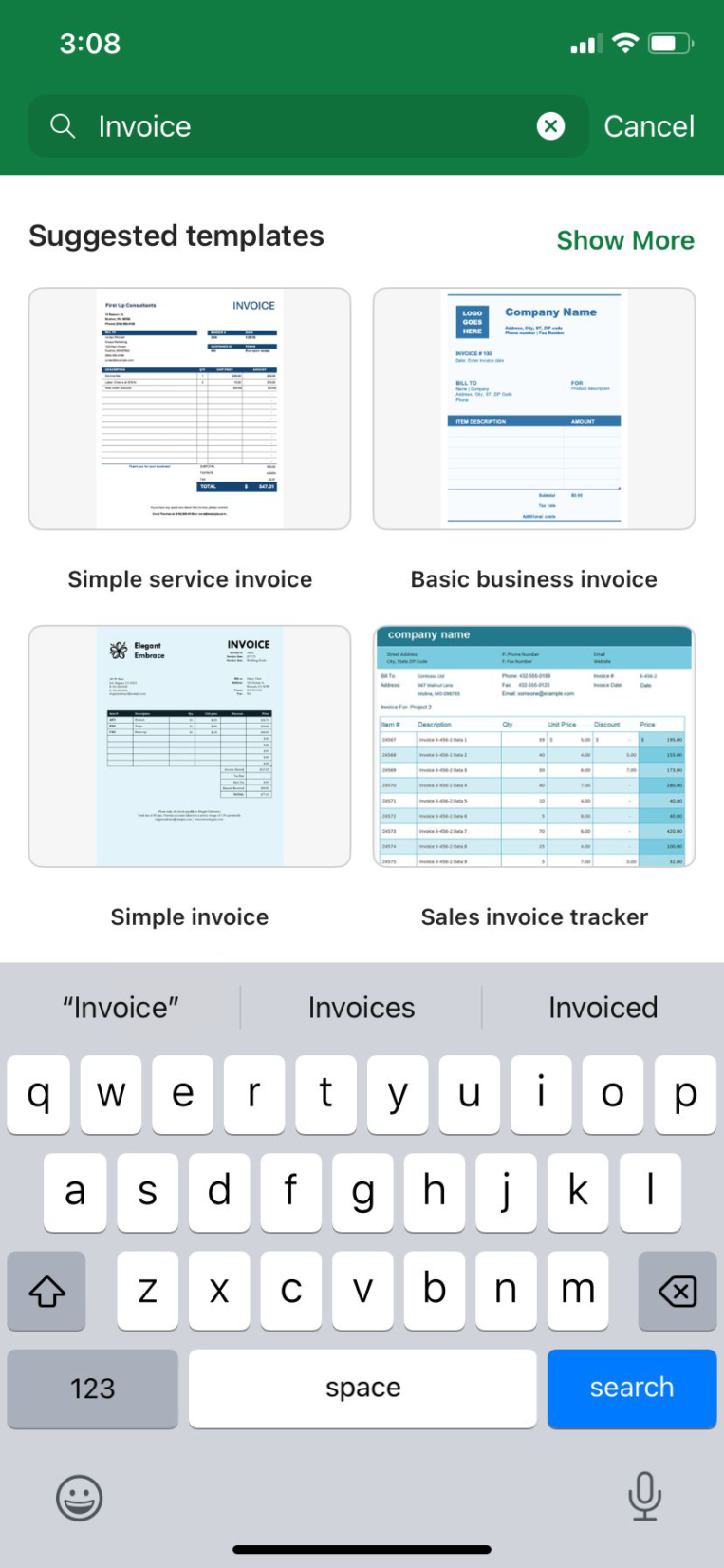 Search for templates in Word, Excel, and PowerPoint for iOS