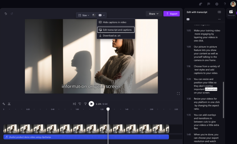Trim a video by editing the transcript in Clipchamp