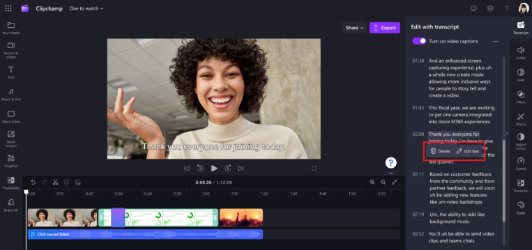 Trim a video by editing the transcript in Clipchamp