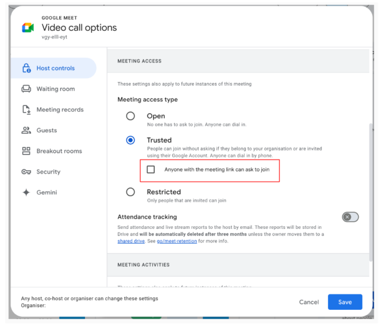 New host management control for who can ask to join a meeting