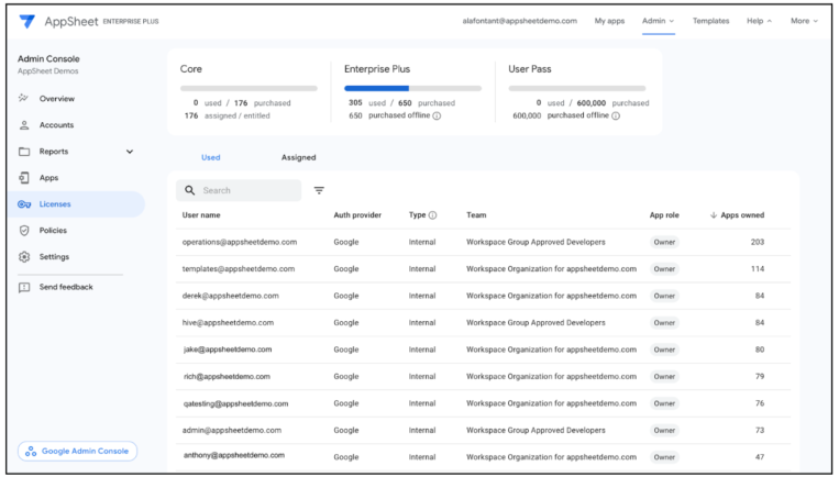 New Licenses page in the AppSheet Admin Console and group based license controls for Enterprise Plus licenses