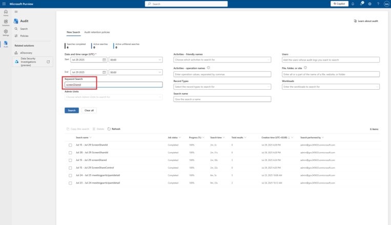 Audit logs for screensharing and Take control for Teams admins