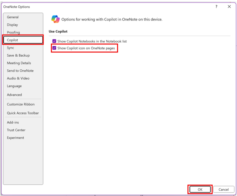 Show or hide the Copilot icon in OneNote on Windows
