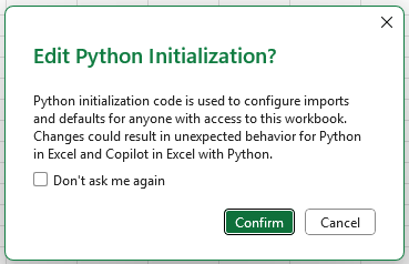 Edit the default initialization for Python in Excel