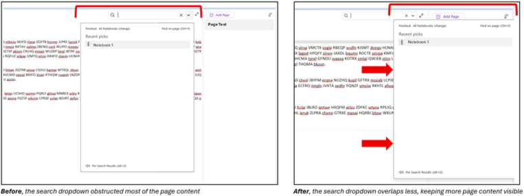 Improved search dropdown placement in OneNote on Windows