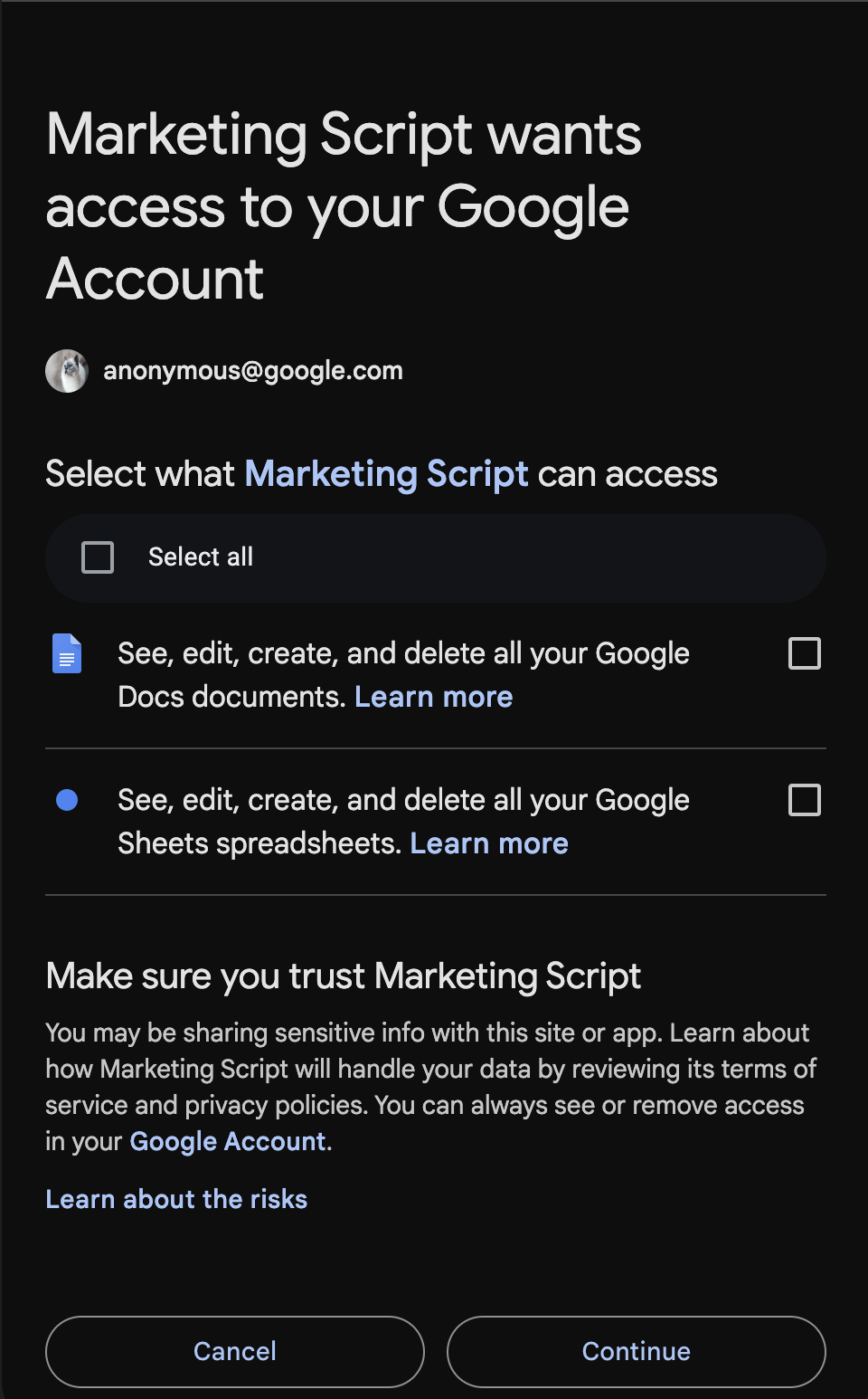 Granular OAuth consent in web apps and Google Workspace add-ons