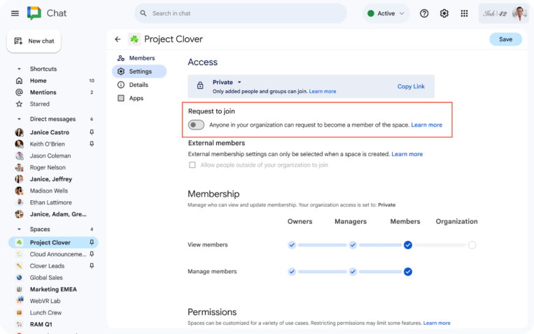 Control join requests in Google Chat spaces