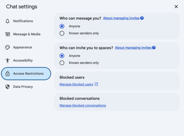 Block messages from unknown senders in Google Chat