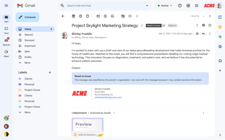 Gmail data classification update: include header or footer message