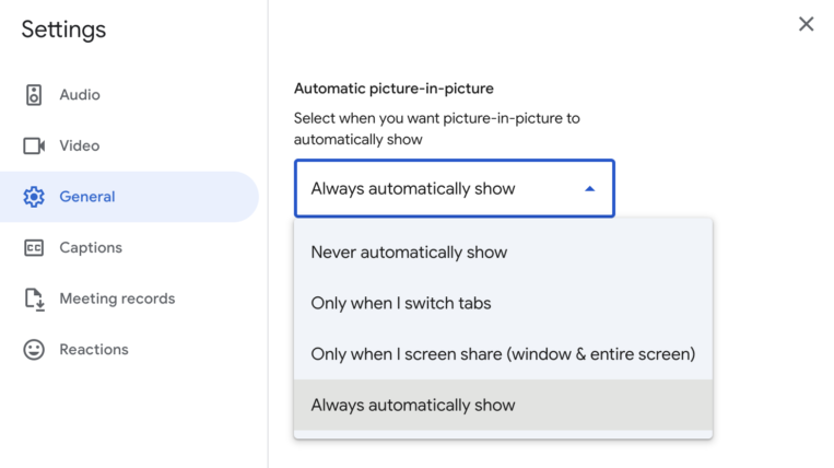 Automatic picture-in-picture in Meet while screen sharing