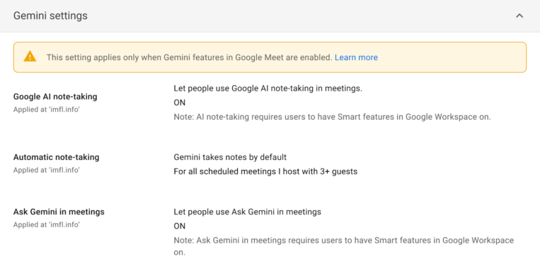 Take notes for me settings in Admin Console (Gemini Alpha)