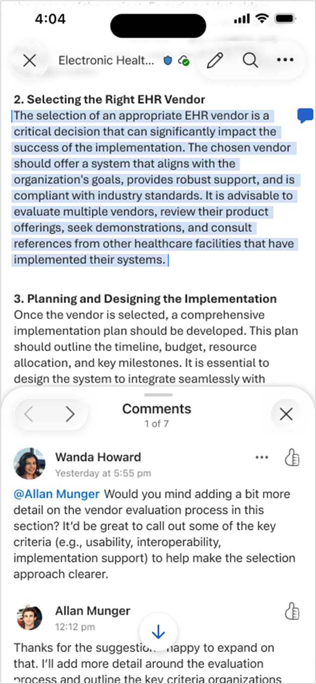 A modernized comments experience for Word, Excel, and PowerPoint on iPhone