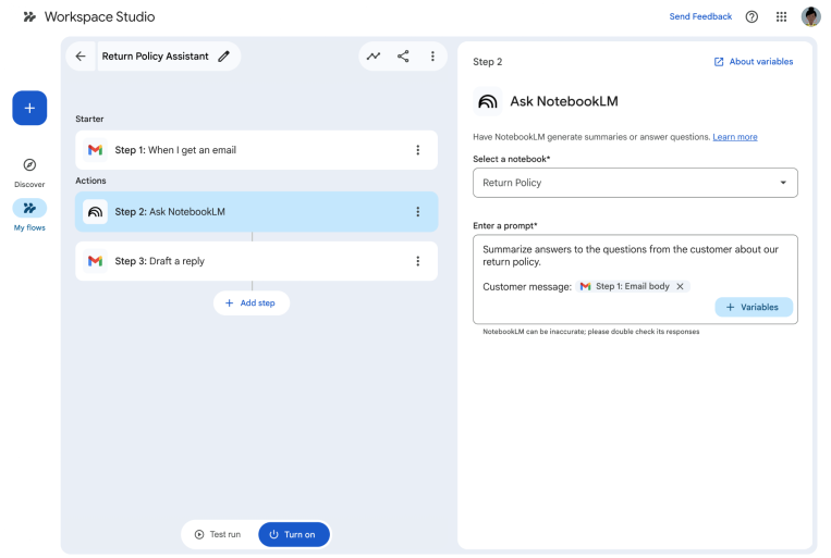 Use NotebookLM in your Google Workspace Studio flows
