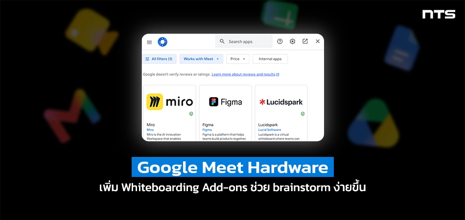 Promotional banner for Google Meet Hardware highlighting whiteboarding add-ons Miro, Figma, and Lucidspark.
