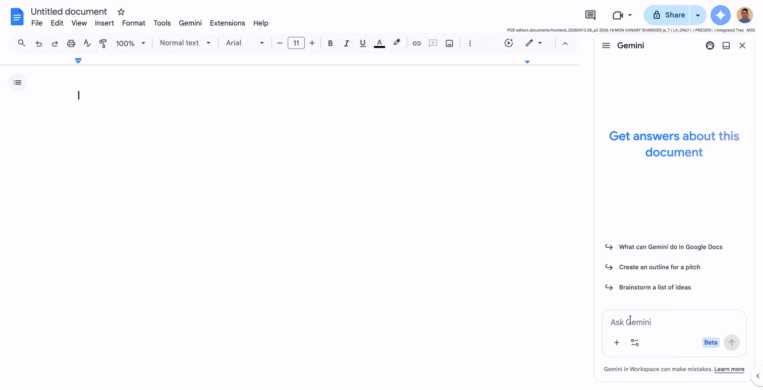Google Docs interface with an almost empty document; visible toolbar, large blank page, and a right-side Gemini AI panel titled 'Gemini' with 'Get answers about this document'