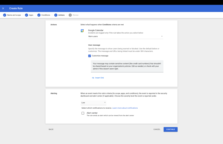 Screenshot of a Google Admin 'Create Rule' wizard showing the Actions panel with a Google Calendar action, a checked 'Customize message' box, 'Insert link' option, and an Alerting section further down.