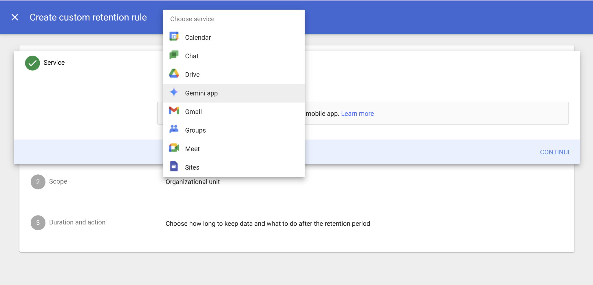 Popup menu listing Google services (Calendar, Chat, Drive, Gemini app, Gmail, Groups, Meet, Sites) on the Create custom retention rule screen.