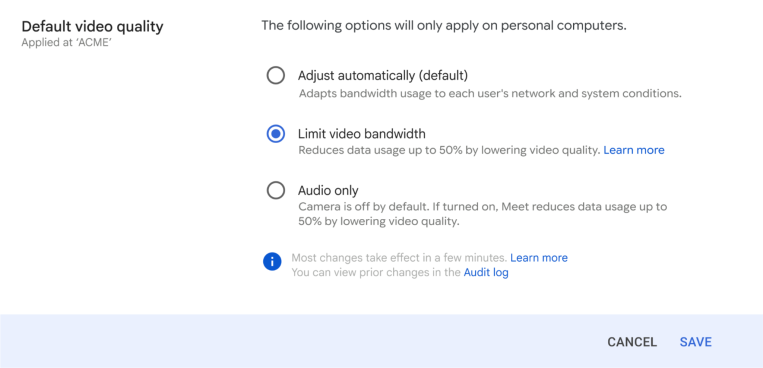 Settings dialog showing video quality options: adjust automatically (default), limit video bandwidth (selected), and audio only, with Cancel and Save actions at the bottom.