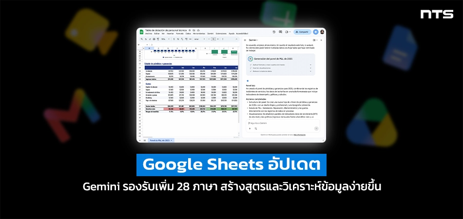 Video thumbnail showing Google Sheets interface with a spreadsheet, Thai title about Google Sheets update, on a dark background with the NTS logo.