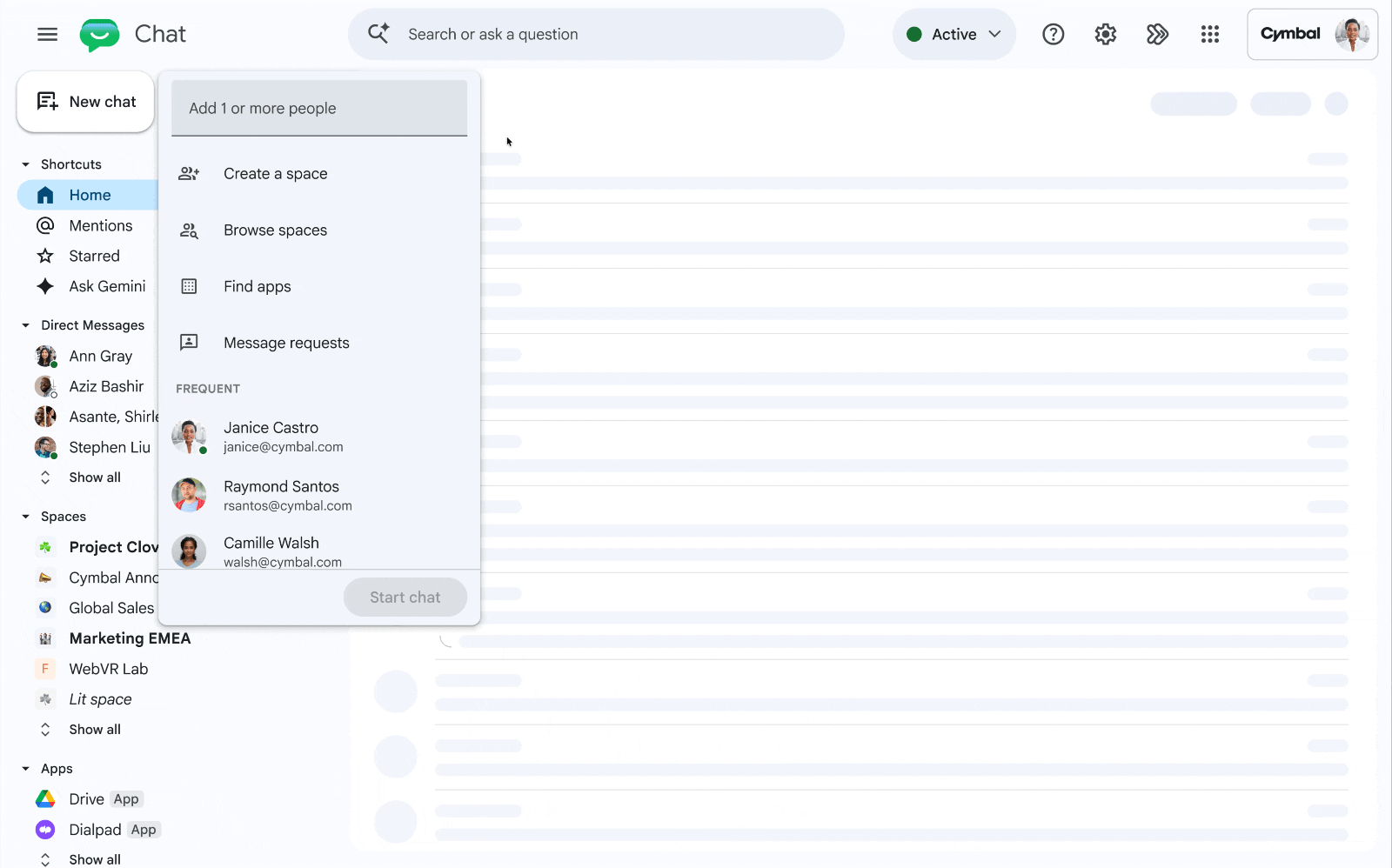 Chat app UI with a floating 'New chat' panel listing: Add people, Create space, Browse spaces, Find apps, Message requests, and frequent contacts, over a left shortcut/sidebar and blurred message list in the background.