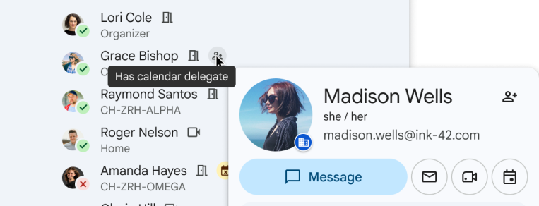 Left: contact list with avatars and status icons; right: profile pop-up for Madison Wells with avatar, pronouns she/her, email, and action buttons (Message, email, video, calendar).