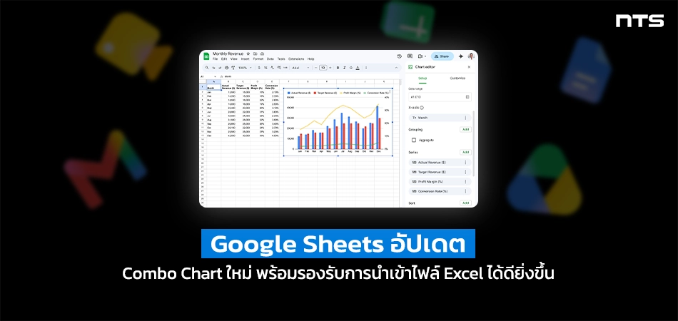 แบนเนอร์: หน้าจอ Google Sheets แสดงตารางและกราฟ บนพื้นหลังดำ มีข้อความภาษาไทยในภาพและโลโก้ NTS