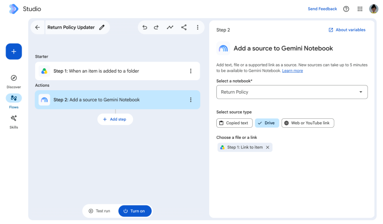 Automatically add sources to your Gemini Notebooks in Workspace Studio