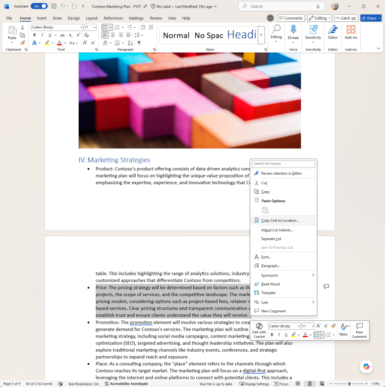 Screenshot of a Word document page with a colorful 3D block image above the heading 'IV. Marketing Strategies' and bullet paragraph text.