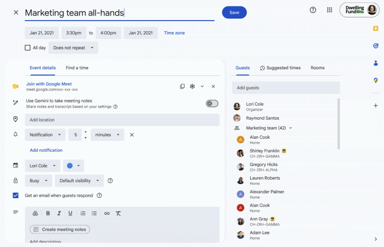 Google Calendar event draft for 'Marketing team all-hands' with time, date, location, and guest list visible on the right side.
